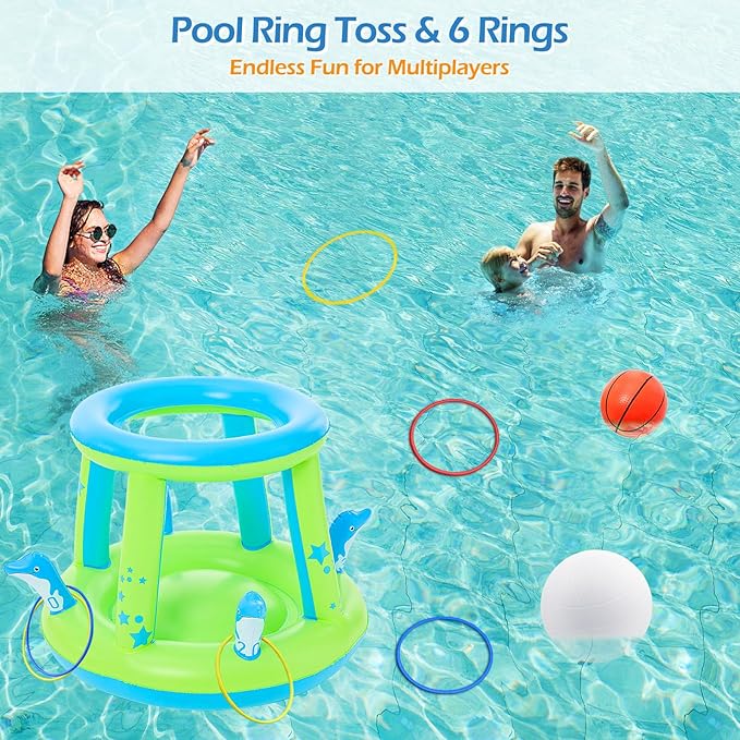 Jasonwell Pool Toys Games Set - 3 in 1 Pool Volleyball Net Basketball Hoop Ring Toss Game Inflatable Floats Water Floating Volleyball Swimming Pools Party Game Accessories Toy Gift Kids Teens Adults