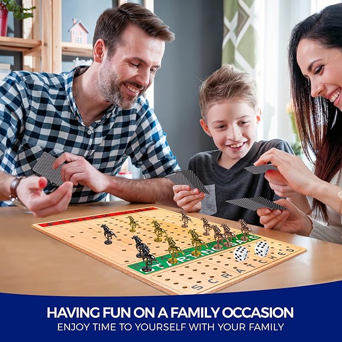 15.6 inches Horse Race Board Game, 13 Metal Horses, 4 Dice, 2 Boxes of Cards, Exciting Horse Racing Game for 11 Players with Solid Wood, Easy-to-Play, For Ages 8+ Ideal for Family and Freinds