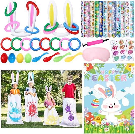 26pcs Easter Games for Kids Outdoor Potato Sack Race Bags Inflatable Bunny Ears Ring Toss Game Egg and Spoon Pin The Tail on The Bunny Game for Party Favors