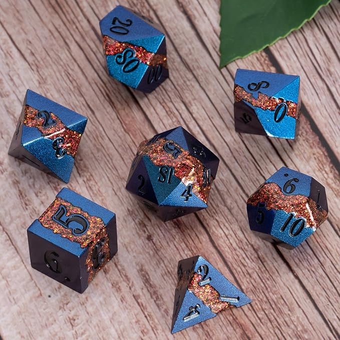 Large Stripe Metal Dice DND,Metallic Solid Crack Glittrer Dice Set with Gift Box,Polyhedral RPG Dice 7pcs Set