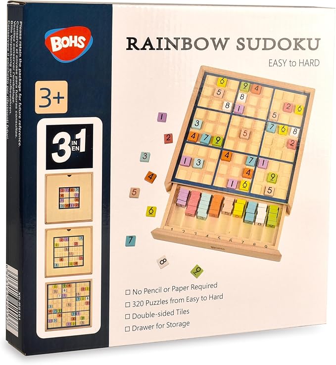 BOHS Wooden Rainbow Sudoku Puzzle - 3 in 1 Easy to Hard - with Sudoku Book of 320 Puzzles - Desktop Brain Teaser Game Toys