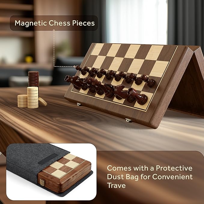 Premium 38 cm Walnut Magnetic Chess and Checkers Set - 2-in-1 Foldable Wooden Board Game with Staunton Figures, 2 Extra Ladies, Tiles and Dust Bag (Black)