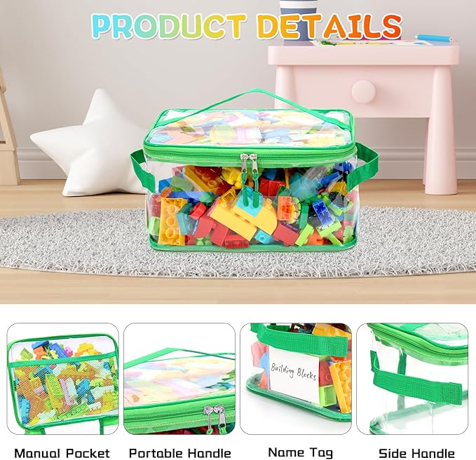 8 Pack Clear Toy Storage Bags, Extra Large Capacity Transparent Waterproof PVC Toy Organizing Bags with Name Tag and Manual Pocket for Building Blocks Board Games, Puzzle, Kids Books (Color)