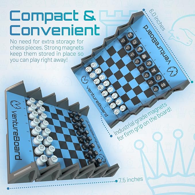 New VENTUREBOARD 6 Inches Magnetic Unique Chess Set Board Game - 2 Extra Queens - Folding Board, Portable Travel Chess Board Game Pieces - (Blue/Grey)