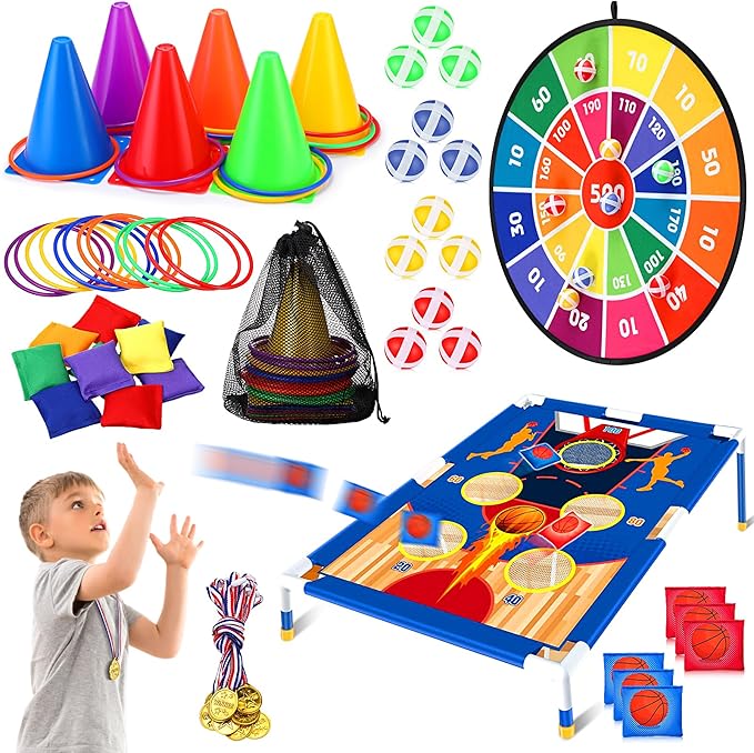 Hungdao 61 Pcs Toss Game Toys Set Bean Bag Carnival Games Ring Toss Game Dart Board Corn Hole Games with Sticky Balls Rings Medal Party Toys for Boys Girls Gifts Outdoor Indoor