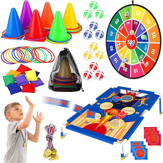Hungdao 61 Pcs Toss Game Toys Set Bean Bag Carnival Games Ring Toss Game Dart Board Corn Hole Games with Sticky Balls Rings Medal Party Toys for Boys Girls Gifts Outdoor Indoor