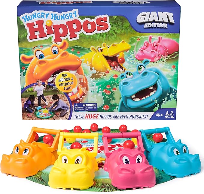 Spin Master Games, Hungry Hungry Hippos Giant Edition, Family Game for Indoor & Outdoor Fun with Oversized Board, Preschool Activity, Family & Kids, 2-4 Players, Ages 4 & Up