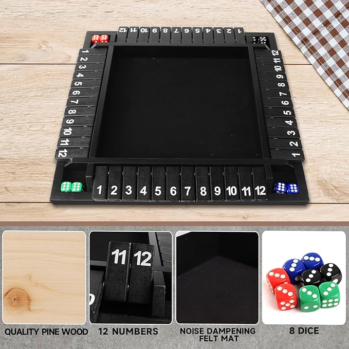 GSE Games & Sports Expert 1-4 Player Wooden Shut The Box Board Game with 8 Dice. 4-Way 12 Numbers Shut The Box Dice Set of Popular English Pub Board Game - Black