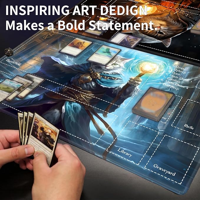 Playmat 24" x 14" Game Mats Tabletop Magic for MTG/TCG Cards, Trading Card Game Playing Stitched Play Mats Commander Deck Gaming Desk Mat Card Gameplay Mats, Cat Wizard Casting Spell