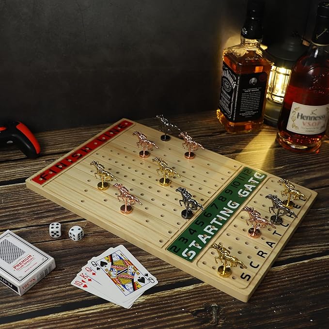 HOROW Metal Horse Racing Board Game Card Board Game Finish Line Luxury Edition Solid Wood Race Game Board 11 Batches of Metal Model Horses 2 Sets of Dice and 2 Boxes of Cards…