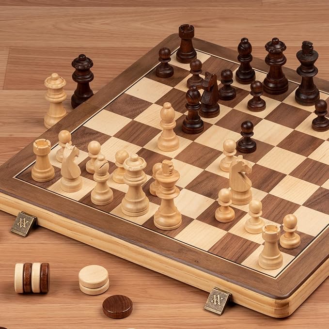 A&A 15" Magnetic Wooden Chess Set/Folding Board / 3" King Height German Knight Staunton Chess Pieces/Mahogany & Maple Inlaid /2 Extra Queen