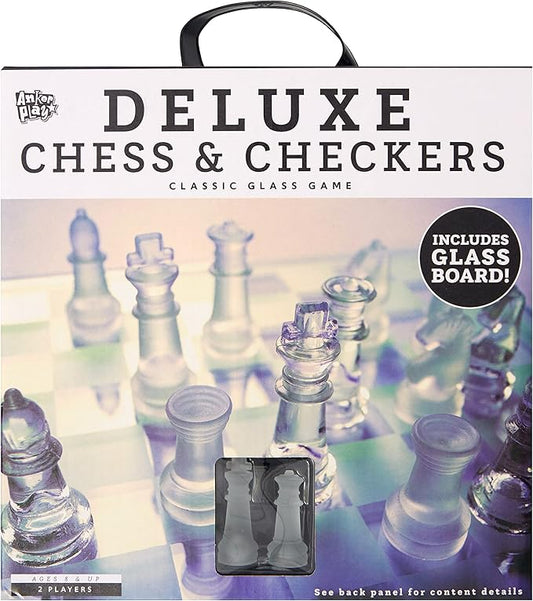 Glass Chess and Checkers Set - Premium Glass Game Kit - Includes 1 Glass Board with 32 Clear and Frosted Checkers Pieces & 32 Clear and Frosted Chess Pieces - Great for Ages 6+