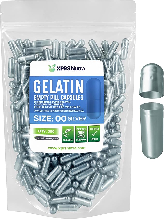XPRS Nutra Size 00 Empty Capsules - 500 Count Empty Gelatin Capsules - Pill DIY Capsule Filling - Fillable Pills Gel Caps for DIY Supplements (Silver)