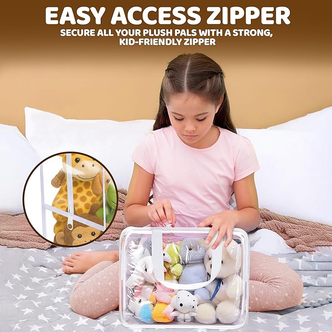 Honeyera Stuffed Animals Storage Bags with Zipper - Set of 2 with 1 Large Toy Storage Bag for Home Organization & 1 Portable Small Tote for Travel - Clear PVC Material for Easy Visibility & Organizin