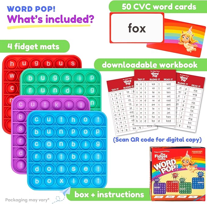 THE FIDGET GAME Word Pop, CVC Words - Learn to Read in Weeks - Multisensory Reading & Phonics Interactive Game Ideal for Pre Kindergarten to 1st Grade (Packaging May Vary)