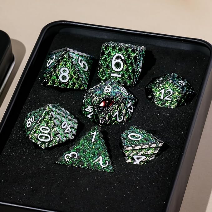 Metal Dice Set D&D,7 PCS Dragon Scale Metallic DND Dice Set,Dragon Eye Metal Dice with Grogeous Gift Case for Dungeons and Dragon Tabletop Game (Glitter Green Dragon Scale & Red Eye)