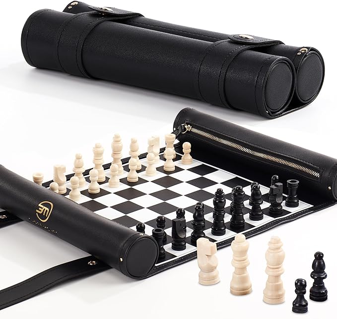 Roll Up Chess Set - 11" Foldable Leather Chess Mat with Wooden Chess Pieces - Portable Travel Chess Set with Straps - Perfect Chess Game for Airplane, Camping, and More (Black)