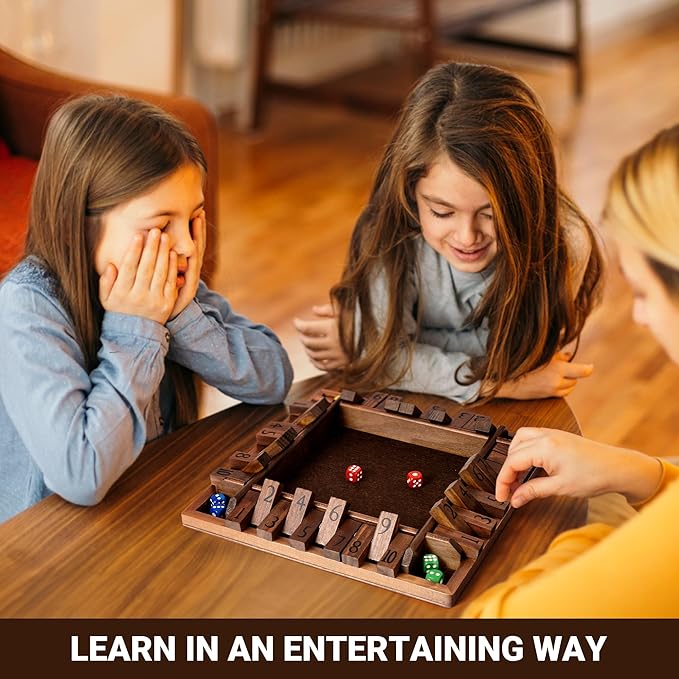 ropoda 12 Inches 4-Way Shut The Box Dice Board Game (2-4 Players) for Kids & Adults [4 Sided Large Wooden Board Game, 8 Dice + Shut-The-Box Rules] Smart Game for Learning Addition