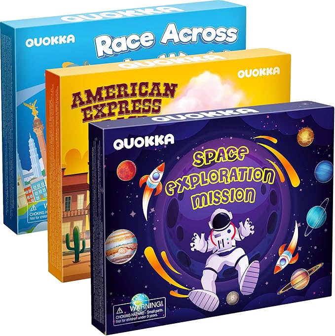 QUOKKA 3X Set Learning Board Games for Kids 6-8 - Educational Trivia Cards Ages 8-12 - Travel United States - World Map - Explore Outer Space - Gift for Children and Teens 4-8 - Floor Puzzles
