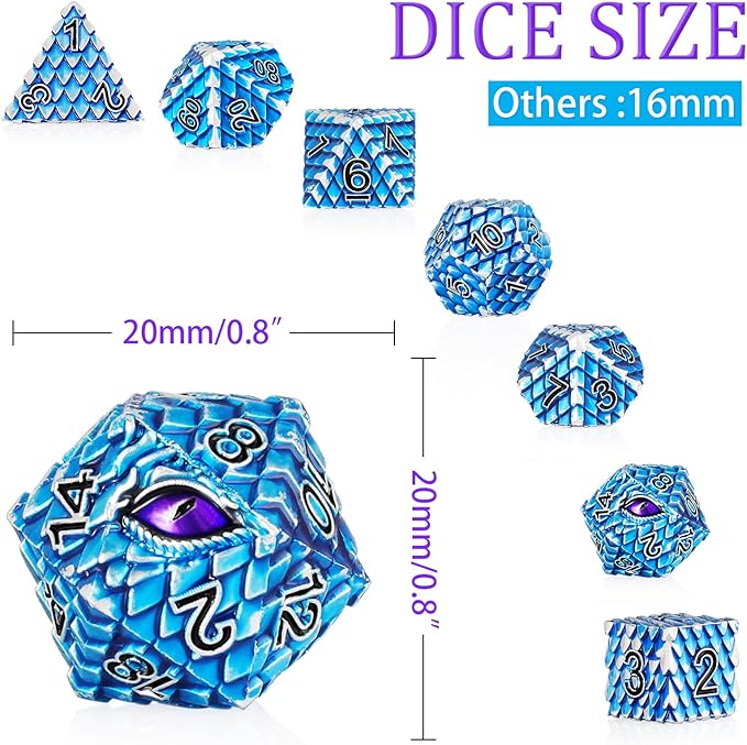 Metal Dice Set D&D,7 PCS Dragon Scale Metallic DND Dice Set,Dragon Eye Metal Dice with Grogeous Gift Case for Dungeons and Dragon Tabletop Game (Blue Dragon Scale & Purple Eye)