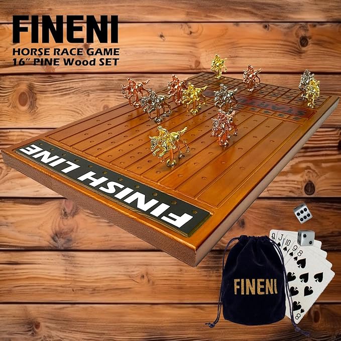 Horse Racing Game for Adults - 11 Luxurious Metal Horses (Silver, Black, Rose Gold), 16" Dark Pine Wood Race Board, Dice & Card Included (Dark Color)