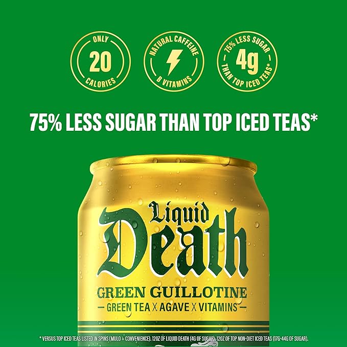Liquid Death, Green Guillotine Iced Tea, 12-Pack (12 oz Cans), Green Tea, Low Calorie, No Artificial Sweeteners, B12 & B6 Vitamins
