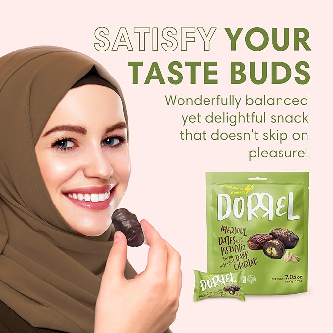 DORREL - Belgian Dark Chocolate Covered Dates (Medjool) with Pistachio Stuffing, High Energy Vegan Choco Snack, Delicious, Kosher & Non-GMO, Pack of 3 Stuffed Chocolate Dates, 7.05 oz / 200 g Ea