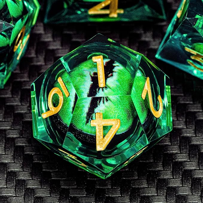 ARUOHHA DND Resin Dice Dragon Eye Dice Liquid Core Green Sharp Edged Dice Set with Gift Box, Dungeons Polyhedral D and D Dice Set Compatible with D&D Role Playing Game D20 D12 D10 D8 D6