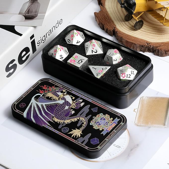 Metal Dungeons and Dragons Dice DNDND 7 PCS Heavy Metallic Flower D&D Dice Set with Gorgeous Gift Case for DND Tabletop Game (Matte Silver with Pink Flower)