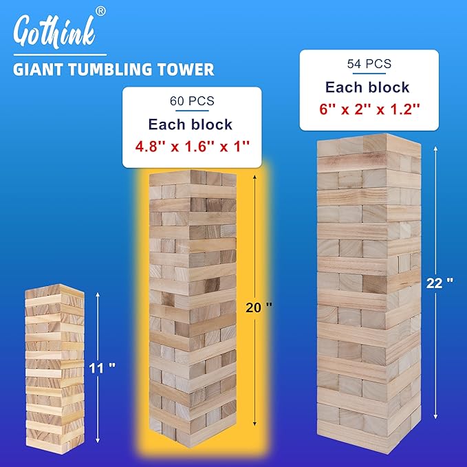 GOTHINK Giant Tumble Tower Game, Large Tumbling Tower Stack to Over 3.2 FT 60pcs Wooden Jumbo Blocks for Outside Yard Games with Carry Case Timber Stacking Game Night Toy Gift for Kids Adults Family
