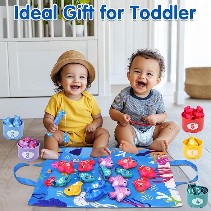 Montessori Toys for 1 Year Old - Cloth Fishing Game Baby Toys 6-12 12-18 Months with Stacking Cups - Sorting Learning Toddler Toy Age 1-2 - Babies First Birthday Gifts for 1 2 3 Year Boy Girl