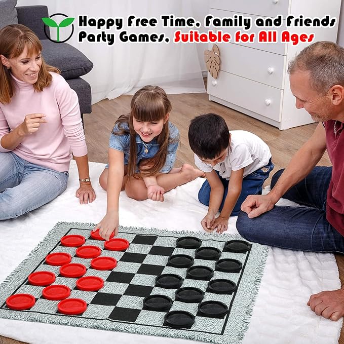 Giant Checkers Board Game Set,3 in 1 Tic Tac Toe Board Draughts Reversible Rug Game for Kids & Adults, Big Checker Floor Game Mat,Indoor Outdoor Yard Game for Family Camping Party