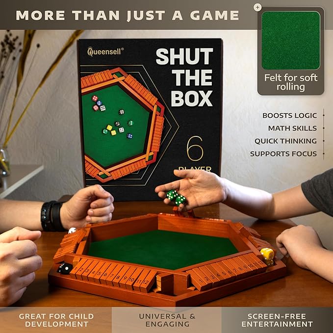 Queensell Shut The Box Game 12 Numbers for 1-6 Players - 16-inch Wooden Board Shut The Box Game 12 Numbers for Adults & Kids - Ideal for Games Night