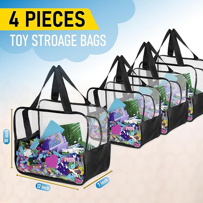 4 Pack Extra Large Toy Storage Clear Bags with Zipper 12"x10"x7" Clear Plastic Bins with Handle, Toy Organizer for Kids playroom, Blocks, Clothes, Stuffed Animal Storage