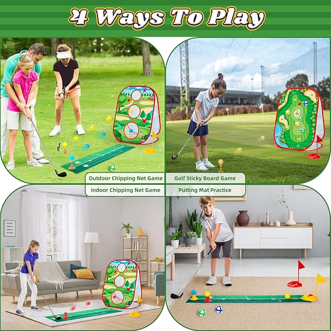 Toddler Golf Toys Set for Kids - Game with Double-Sided Golf Chipping Cornhole Board, 12 Ball, 2 Adjustable Clubs, Indoor Outdoor Birthday Gifts for Girls Boys 3 4 5 6 Years Old