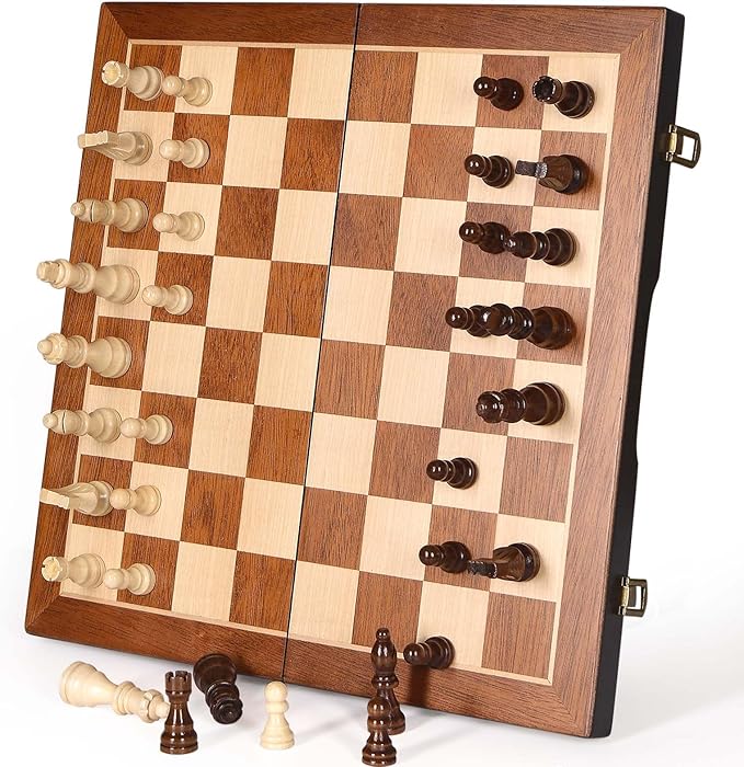 Magnetic Wooden Chess Set 15" Unique Chess Board Game with Chess Pieces Storage Slots, Tournament Portable Folding Travel Chess Sets for Kids Adults Beginner and Pros, 2 Extra Queens