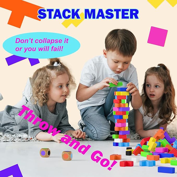 4-in-1 Family Board Games, 120 Pcs Wooden Multi-Level Montessori Toy Fast 3D Shape Pattern Matching Puzzle Stacking Building Blocks Fun Game for Kids Adults Family Night/Party, 1-6 Players Ages 4+