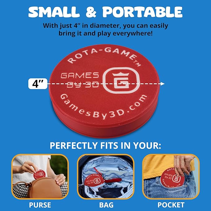 ROTA Game, Tic-Tac-Toe Game with Never a Tie, A Winner in Every Round, Ancient Roman Strategy Game, Portable 4" Board, Pockets or Purse-Size, with Horse Pieces, Made in USA (Red)