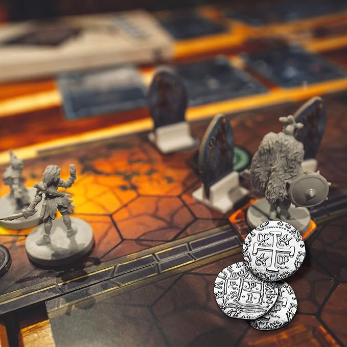 Large Silver Metal Pirate Coins - 35 Silver Treasure Coin Set, Metal Replica Spanish Doubloons for Board Games, Tokens, Toys, Cosplay - Realistic Money Imitation, Pirate Treasure Chest - Size: 1.06"