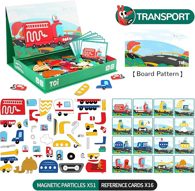 Toi Kids Magnet Toys Magnetic Jigsaw Puzzle Boxes with Game Board for Kids Ages 3-8, Portable Travel Game, Transport