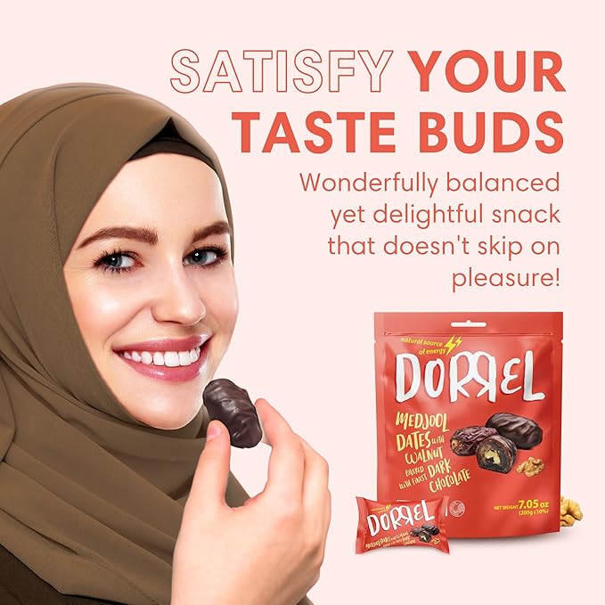 DORREL - Belgian Dark Chocolate Covered Dates (Medjool) with Walnuts Stuffing, High Energy Vegan Choco Snack, Delicious, Kosher & Non-GMO, Pack of 3 Stuffed Chocolate Dates, 7.05 oz / 200 g Ea