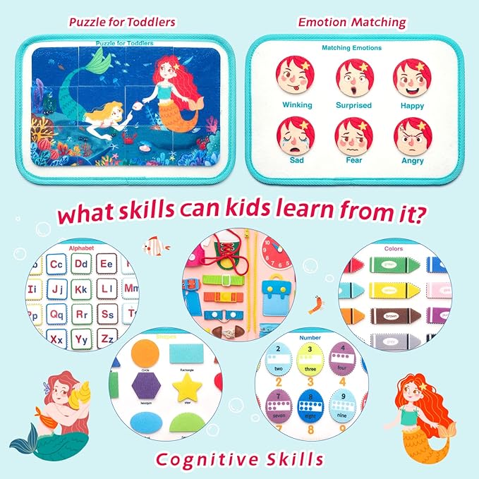 Busy Board Sensory Toys for Toddlers 2 3 4, Travel Activities Educational/Montessori Toys for 2 3 4 Year Old Gilrs Boys Gift, Mermaid