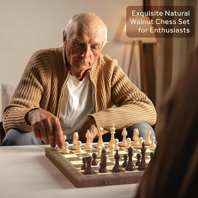 Premium 38 cm Walnut Magnetic Chess and Checkers Set - 2-in-1 Foldable Wooden Board Game with Staunton Figures, 2 Extra Ladies, Tiles and Dust Bag (Black)