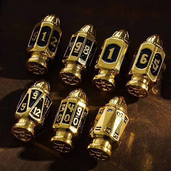 UDIXI Metal DND Dice Set with Unique Container, 7-Die Bullet RPG Dice Set for D&D, Role Playing Game or Other Tabletop Games（Golden Black）