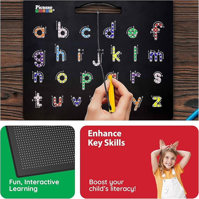 PicassoTiles 2-in-1 Magnetic Drawing Board Toy 12x10 inch Large Magnet Bead Tablet Pad with 2 Facings Alphabets STEM Educational Erasable & Reusable Learning Writing Playboard in Black PTB03