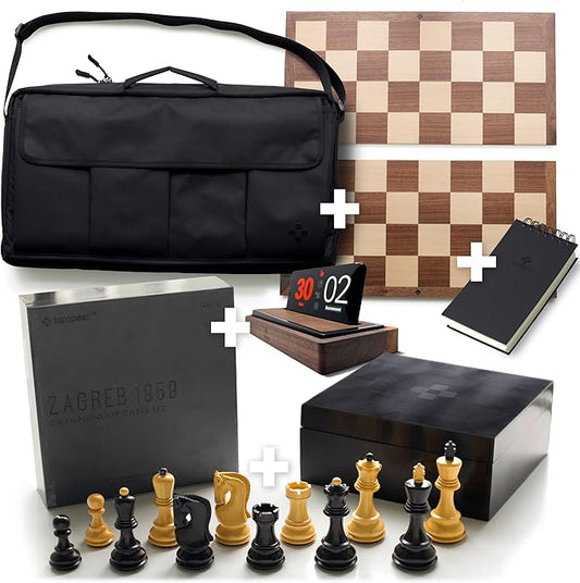 TEMPEST Zagreb 1959 Ultimate Chess Ensemble :: Wooden Chess Set + Hardwood Portable Chess Board + Weatherproof Carry-All Bag + Lacquer Storage Box + Scorebook + Tempest Deluxe Chess Clock/Dock