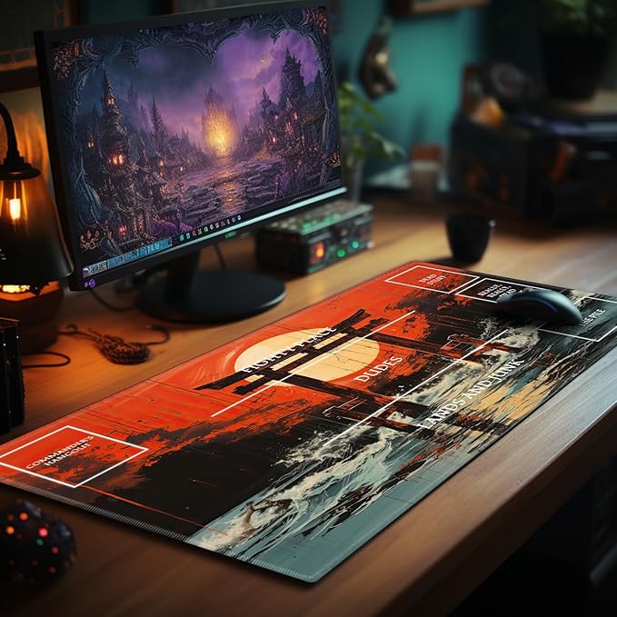 Playmat with Zones for MTG Card Game Playing, 24"x14" Commander Deck Gaming Desk Duel Mat for Beginner, Japanese Shrine Gate Torii Art