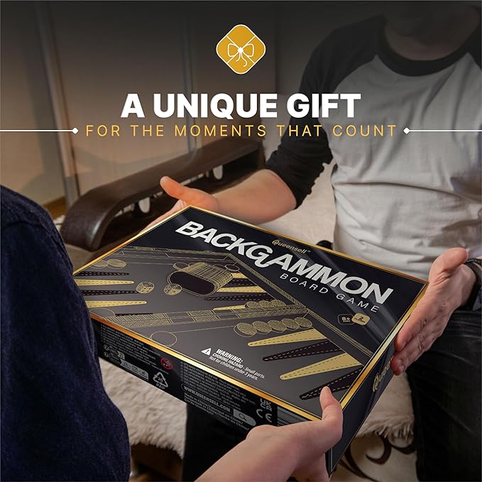 Backgammon Sets for Adults – 15-Inch Black PU Leather Board Game Set – Classic 2-Player Travel Backgammon Set with 32 Playing Pieces, Dice, and Cups