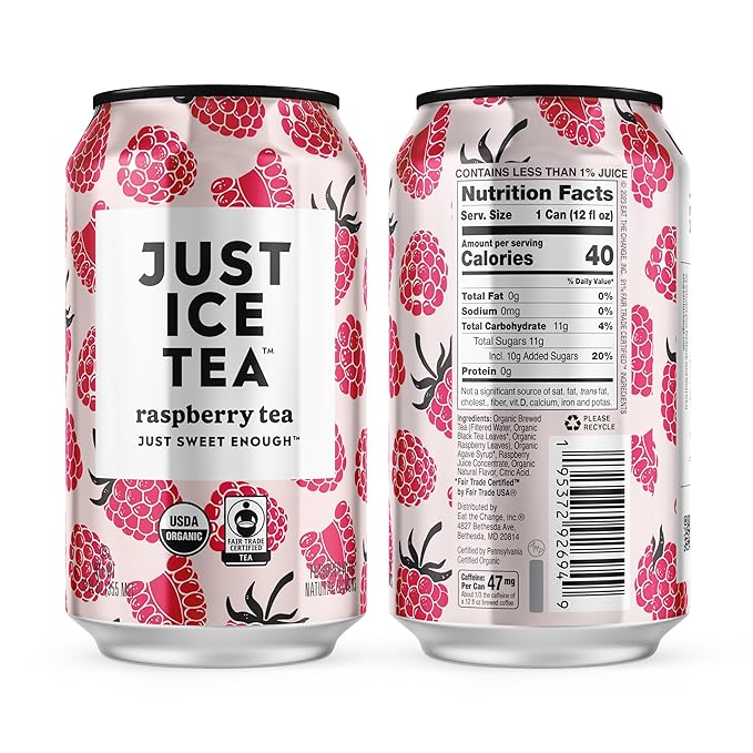 Just Ice Tea, Raspberry Flavored Black Iced Tea, 24-Pack (12oz Cans), USDA Certified Organic, Low Calorie, No Artificial Sweeteners, Fair Trade, Made in USA.