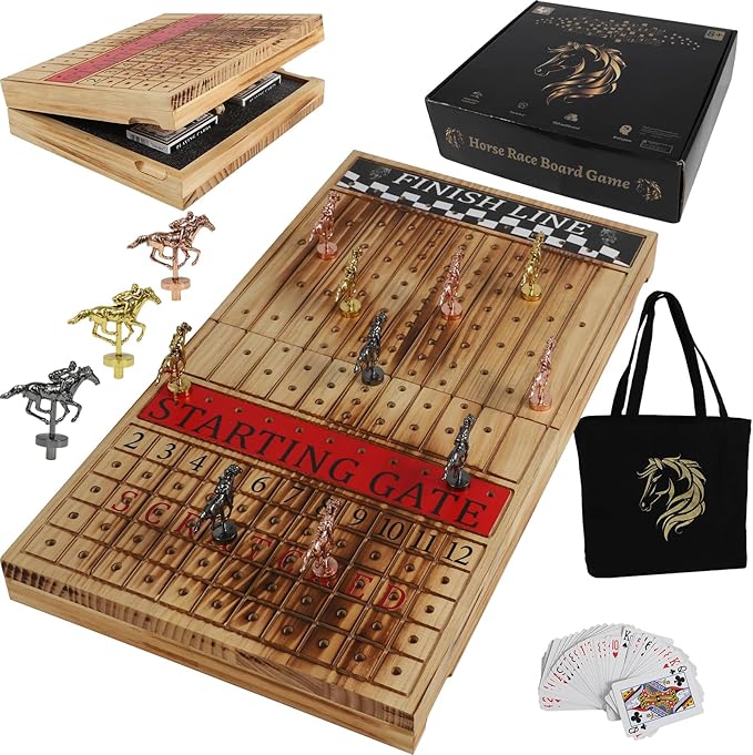 Wooden Finish Line Horse Racing Board Game Equipped with 11 Luxury Metal Craft Horses Adult Chessboard Including 2 Dice and 2 Boxes of Cards Folding Box Game Board (Light Flame)